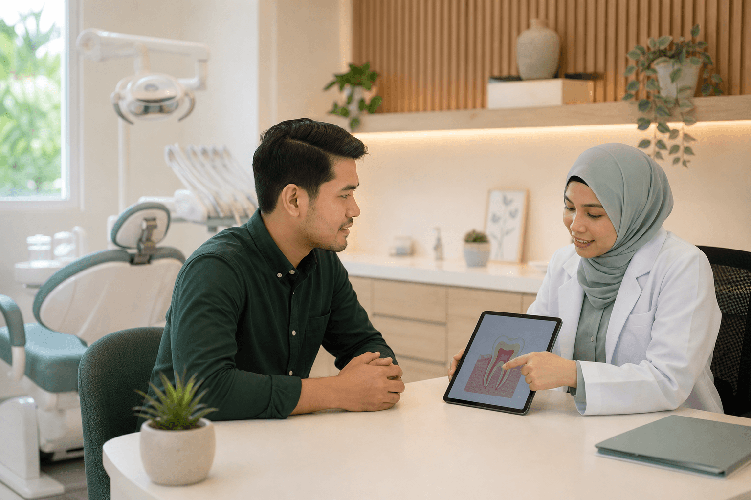 A dentist explaining an oral-health diagram in a calm Johor Bahru clinic