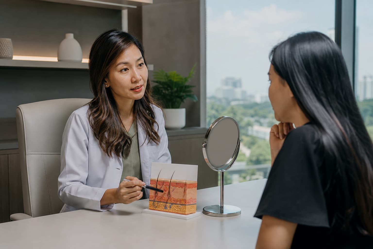 A Malaysian doctor conducting a factual skin consultation with a patient