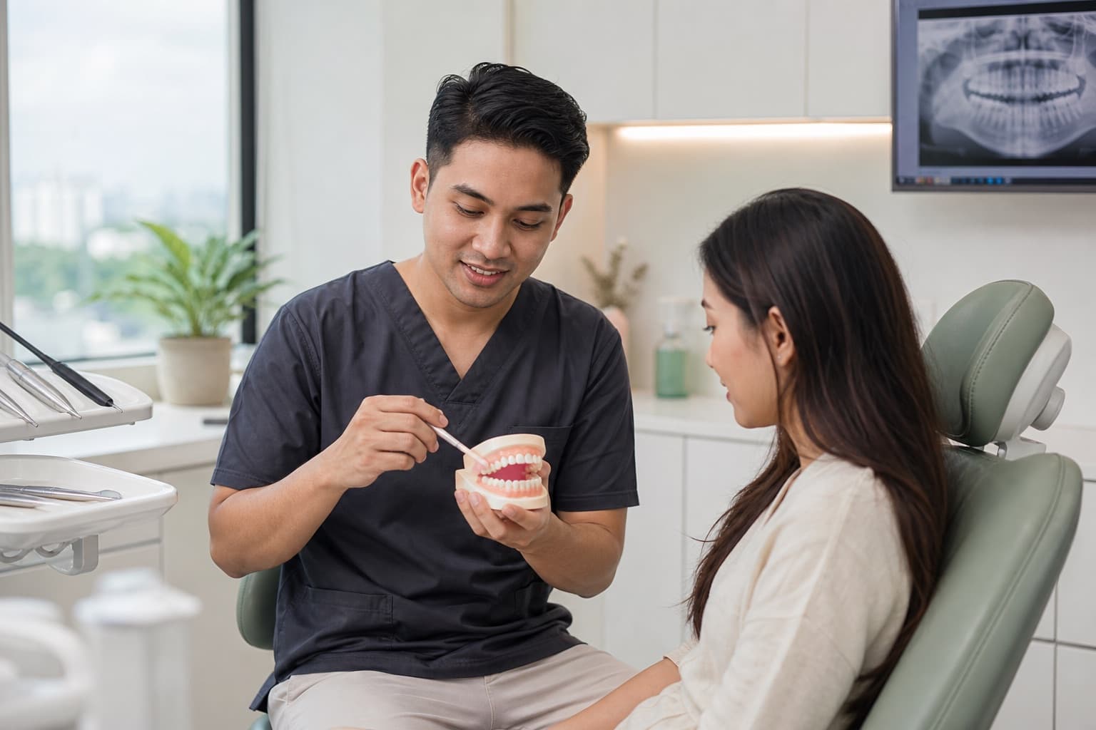 A Malaysian dentist explaining a routine dental assessment with a tooth model